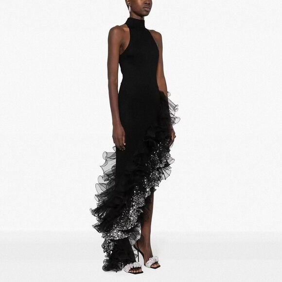 Black Halter Ruffle Sequin Gown - Asymmetrical Maxi Dress! - Picture 3 of 16